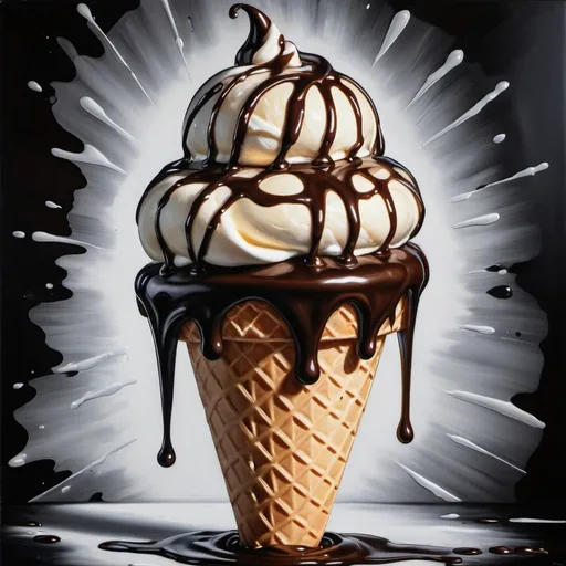 Prompt: Giant noir blanc ice cream cone, realistic oil painting, melting chocolate drizzle, rich and luxurious, high quality, detailed, oil painting, realistic, decadent, dark tones, dramatic lighting