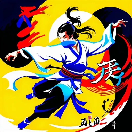 Prompt: Drunken first Vincent Xiao wuxia character,飞身, high jumping，武侠漫画 traditional ink painting, dynamic drunk fighting stance, bold brushstrokes, high contrast, vibrant colors, dramatic lighting, detailed clothing and accessories, traditional Chinese art style, high quality, ink painting, wuxia, dynamic pose, vibrant colors, dramatic lighting, detailed attire