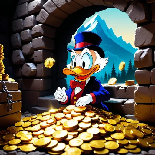 Prompt: Scrooge McDuck and his gold coins mountain in his vault, traditional 2D animation, detailed money bags and coins, rich color palette, warm lighting, classic cartoon style, nostalgic, high quality, vibrant colors, classic animation, detailed facial expressions, traditional animation, rich and warm tones, nostalgic lighting