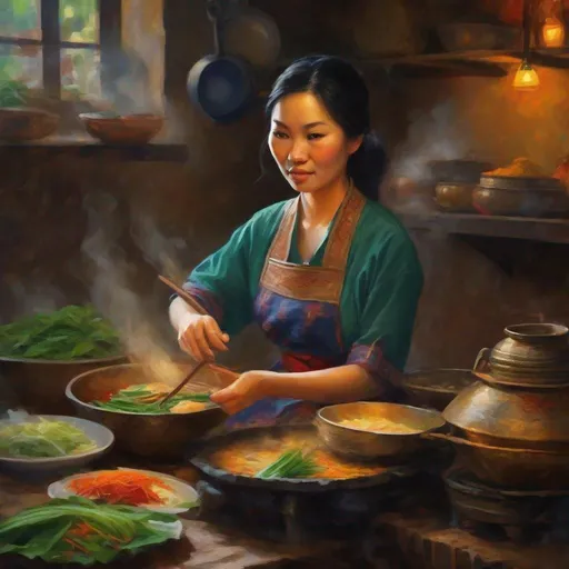 Prompt: Ancient scenario of Mid 30 wife cooking Vietnamese culinary cuisines, oil painting, traditional Vietnamese kitchen, vibrant colors, detailed facial features, high quality, realistic, warm tones, traditional, detailed hands, focused expression, cultural, atmospheric lighting