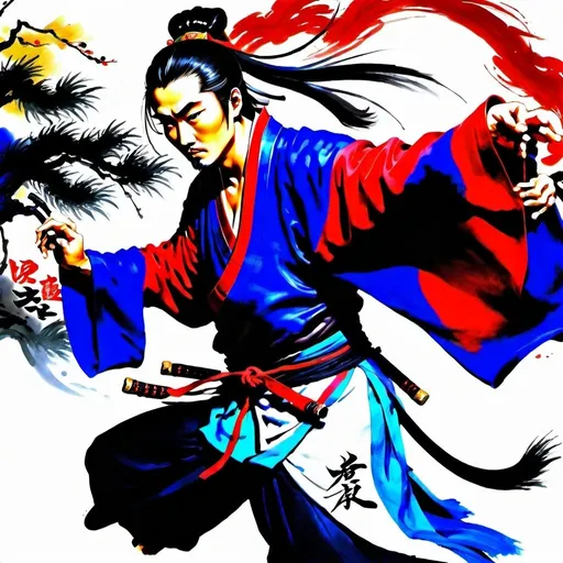 Prompt: Drunken first Vincent Xiao wuxia character,飞身，武侠漫画 traditional ink painting, dynamic drunk fighting stance, bold brushstrokes, high contrast, vibrant colors, dramatic lighting, detailed clothing and accessories, traditional Chinese art style, high quality, ink painting, wuxia, dynamic pose, vibrant colors, dramatic lighting, detailed attire