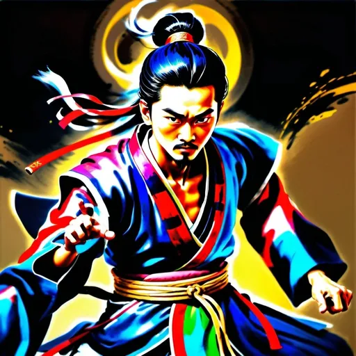 Prompt: Drunken first Vincent Xiao wuxia character,飞身, high jumping，balanced jumping, jumping kicks, 轻功，武侠漫画 swifting soccer footwork, traditional ink painting, dynamic drunk fighting stance, bold brushstrokes, high contrast, vibrant colors, dramatic lighting, detailed clothing and accessories, traditional Chinese art style, high quality, ink painting, wuxia, dynamic pose, vibrant colors, dramatic lighting, detailed attire