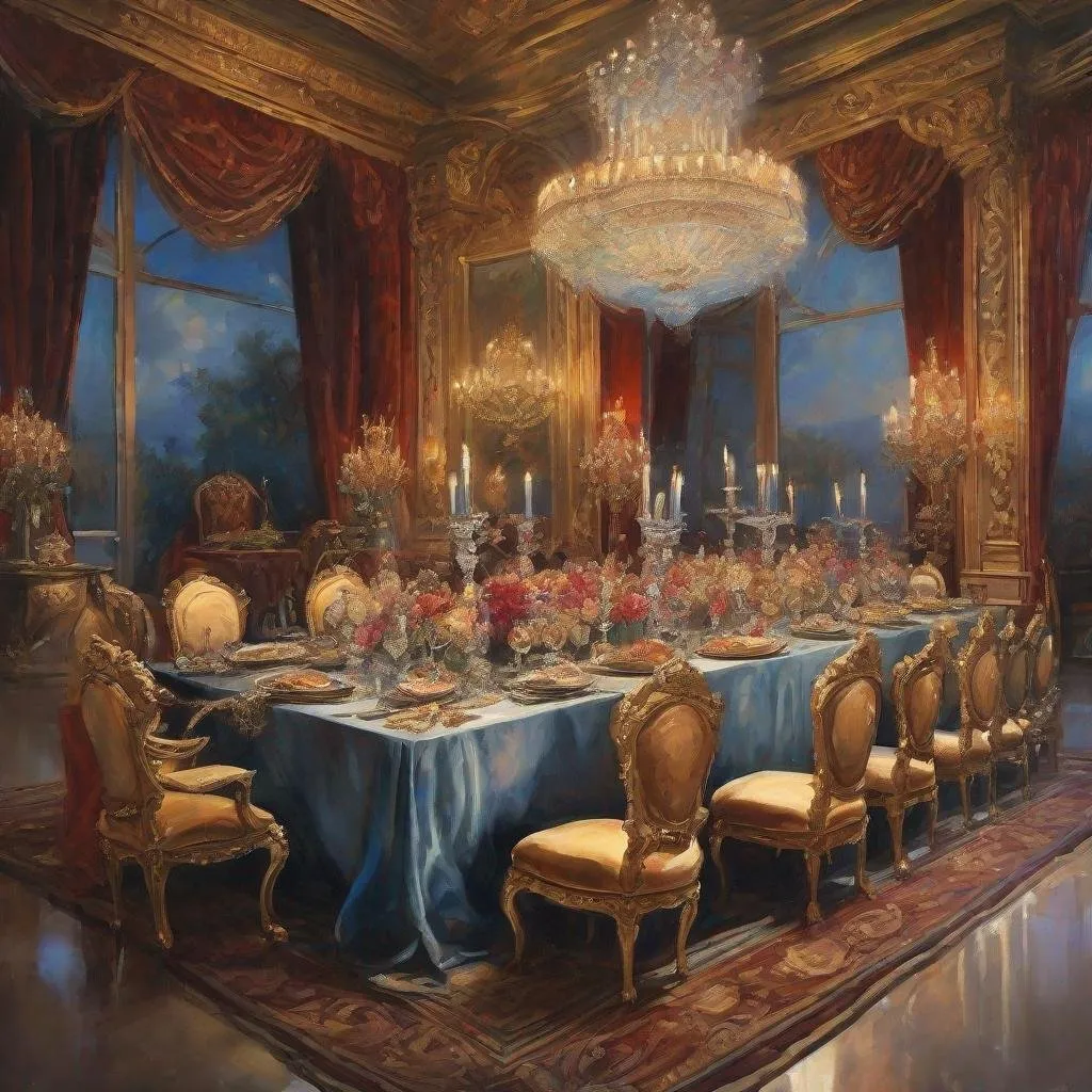 Prompt: Royalty dinner, oil painting, opulent banquet table, regal attire, exquisite chandeliers, high-end dinnerware, luxurious decor, rich color palette, intricate details, aristocratic ambiance, lavish, grandiose, majestic, noble, oil painting, regal attire, opulent, luxurious, rich colors, detailed, aristocratic ambiance, professional lighting