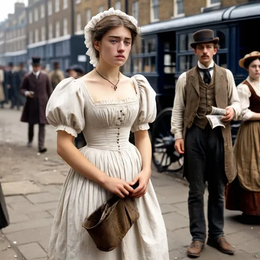 Prompt: A poor woman with brown waivy hair wearing a dirty white puff sleeve dress wearing an old skirt. She stands on an extremely busy street in the dirty haven of London in 1910. She is about 20 years old and very beautiful. She looks like out of the Bridgerton Series. In the background you can see carriages and a poor boy selling Newspaper