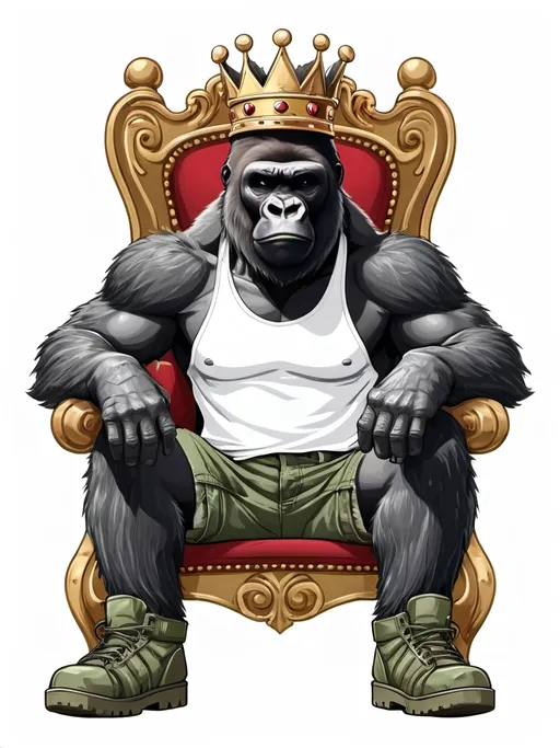 Prompt: gorilla sitting on a throne wearing a white tank top, king's crown, camo cargo shorts and army boots vector logo