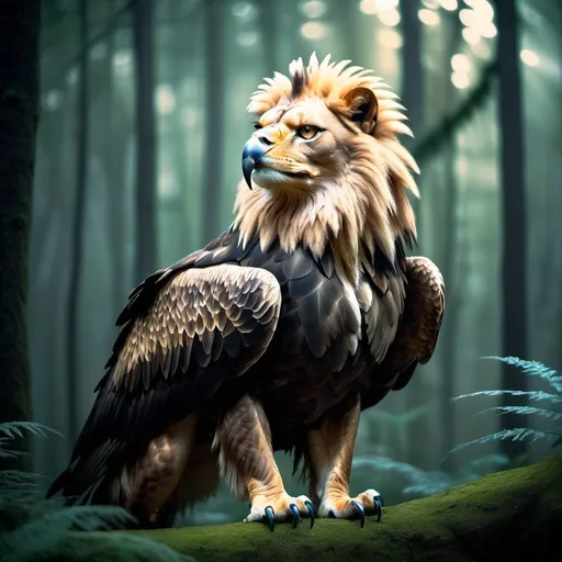 Prompt: Eagle-lion hybrid in a mystical forest, animal hybrid of an eagle and a lion, mix of lion and eagle, high quality, atmospheric lighting