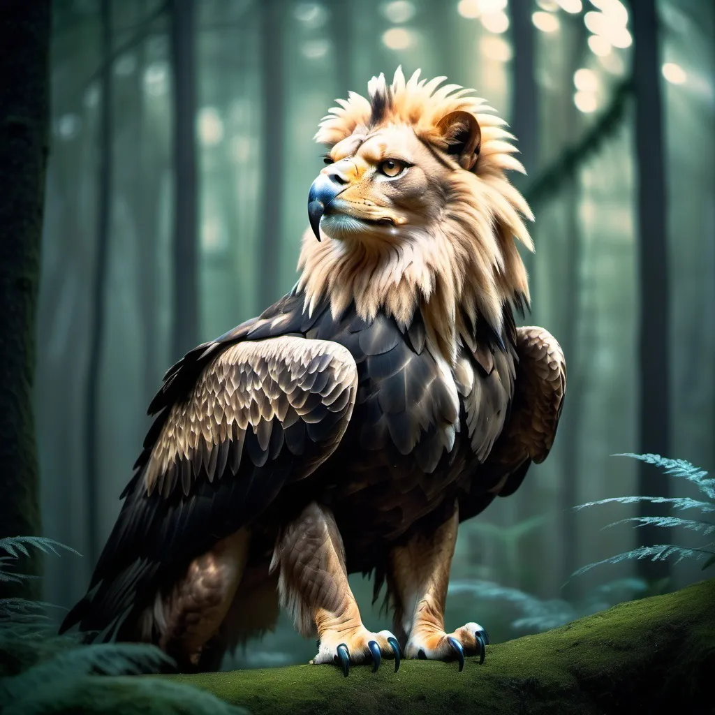 Prompt: Eagle-lion hybrid in a mystical forest, animal hybrid of an eagle and a lion, mix of lion and eagle, high quality, atmospheric lighting