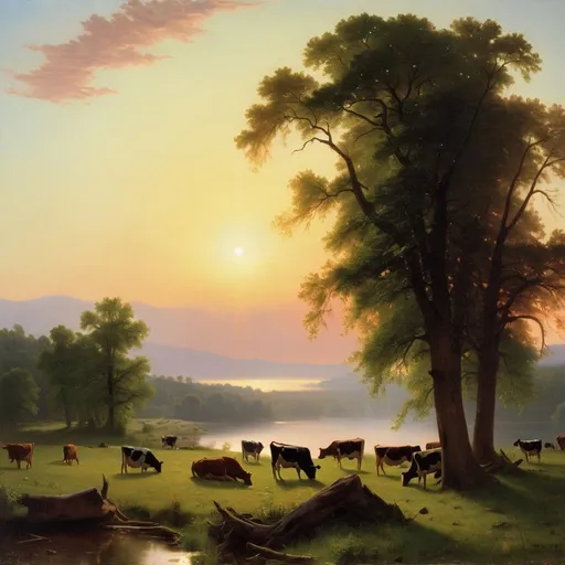 Prompt: a painting of a sunset with a field and trees in the background and cows grazing in the foreground, Albert Bierstadt, hudson river school, crepuscular rays, an oil painting