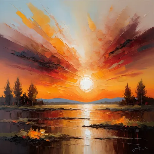 Prompt: palette knife, deep, rich colors, complex, expressive textures, large bright shapes, voluminous dynamic strokes, oil on canvas, summer sunset, highres, rich textures, expressive, vibrant colors, impressionism, sunset, warm tones, textured oil painting, professional, atmospheric lighting. JWM Turner