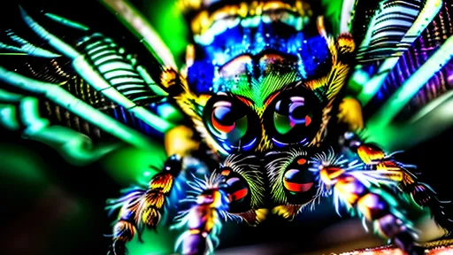 Prompt: looking up at a Peacock spider with compound eyes, furry beard and mustache detailed, peacock like tail feathers with striking pattern, tropical plants, highly detailed, photographic, dramatic lighting, f32, deep depth, macrophotography, intense colors, vibrant tropical setting