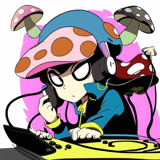 Prompt: A cartoon image of a DJ with long curly hair and a mushroom shaped cap on his head and Headphone on his ears playing music on the console 