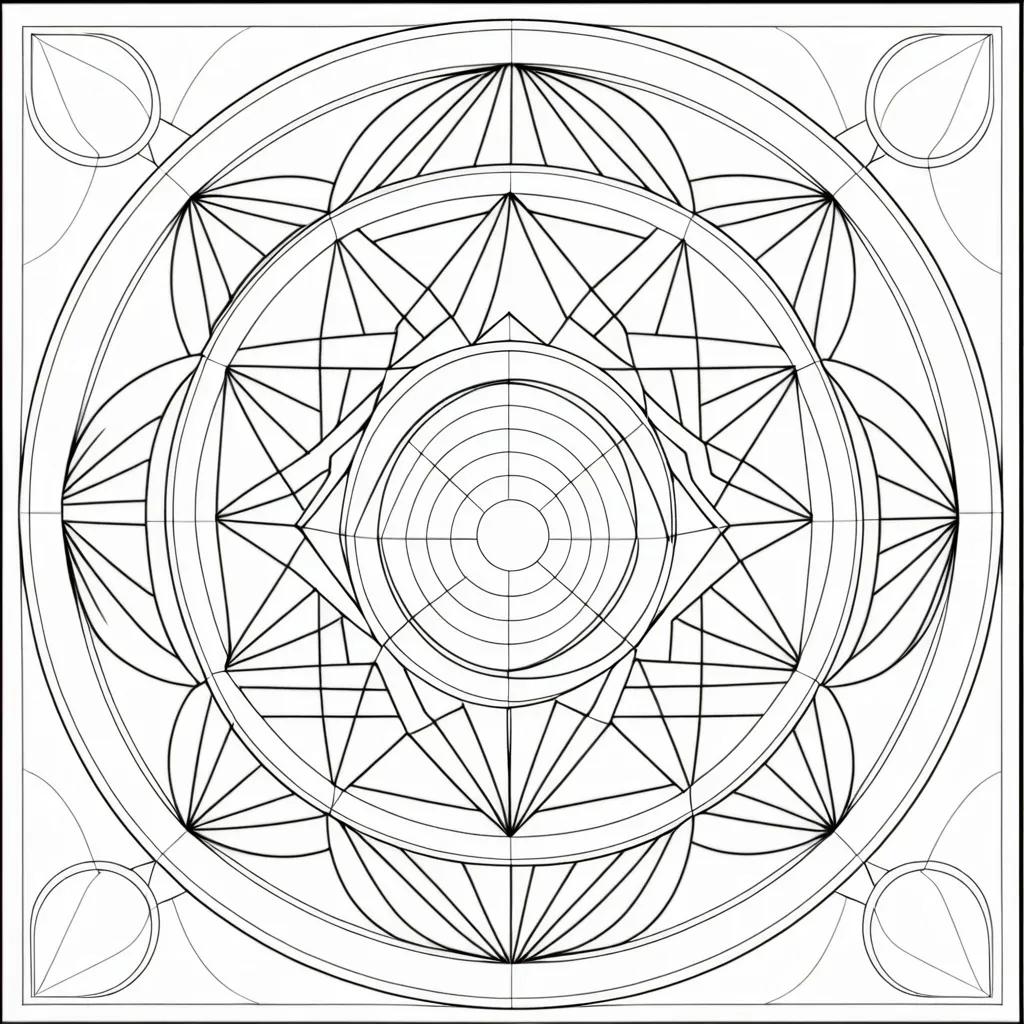 Prompt: Complex scared geometry  shapes with no colour for adult  colouring pages for a 12 month calender  One colouring picture for each month of the year