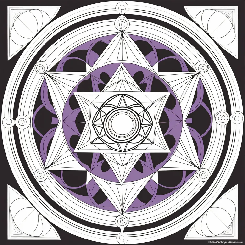 Prompt: No faces . Just sacred geometry shapes colouring pages . 12 month calender colouring book for adults. 12 different seasonal scared geometry colouring pictures. One colouring picture for each month . Each related to 
specific month of the calender.