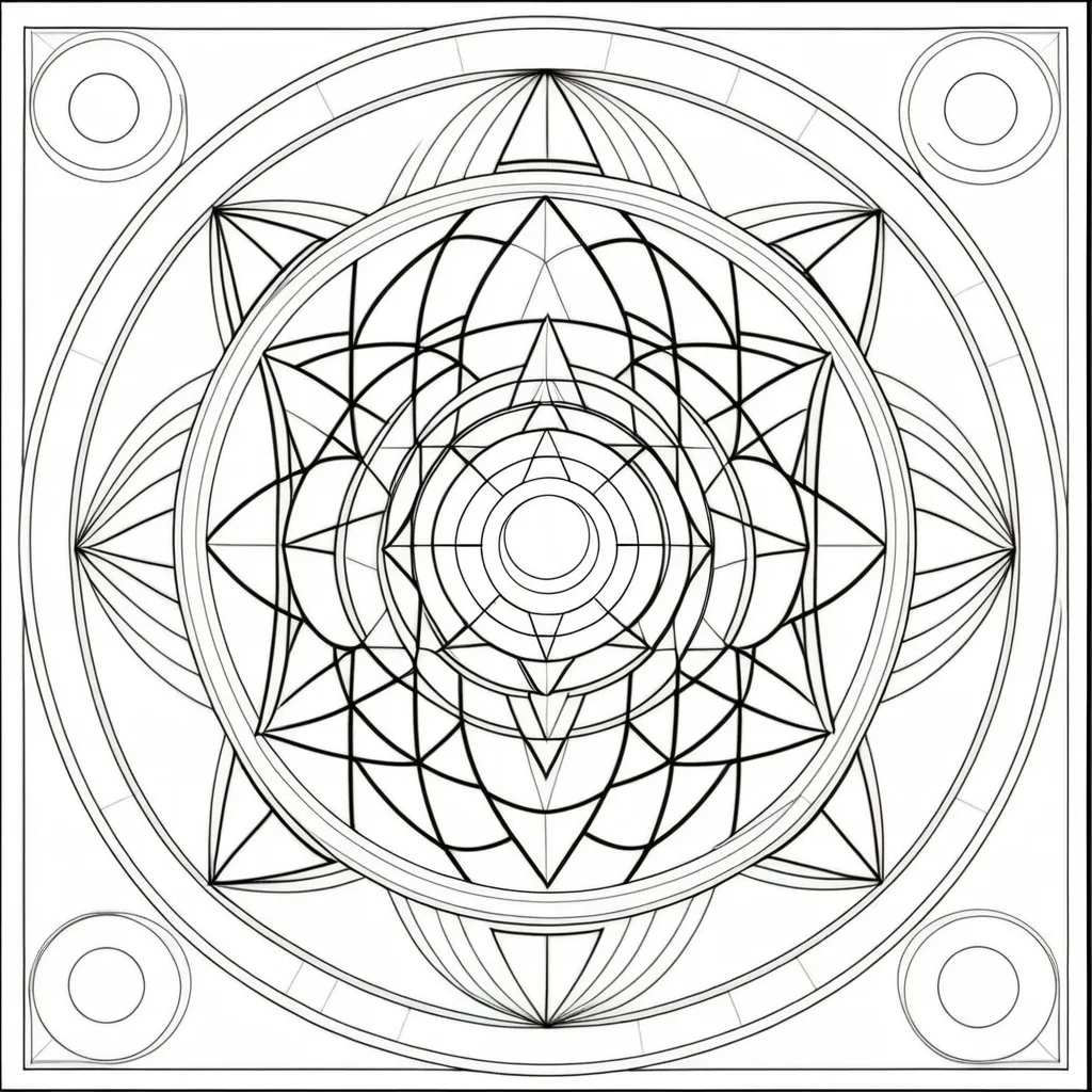 Prompt: No faces . Just sacred geometry shapes colouring pages . 12 month calender colouring book for adults. 12 different seasonal scared geometry colouring pictures. One colouring picture for each month . Each related to 
specific month of the calender.