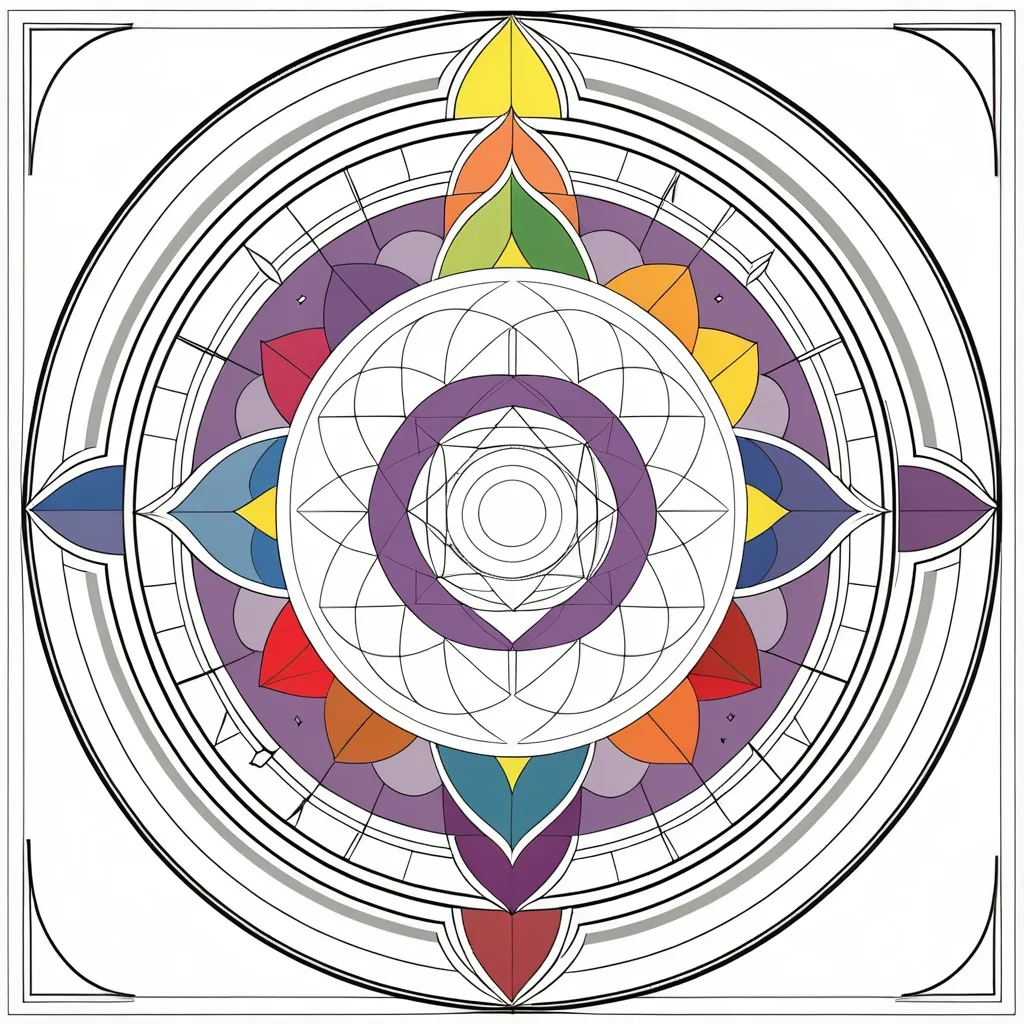 Prompt: No faces . Just sacred geometry shapes colouring pages . 12 month calender colouring book for adults. 12 different seasonal scared geometry colouring pictures. One colouring picture for each month . Each related to 
specific month of the calender.