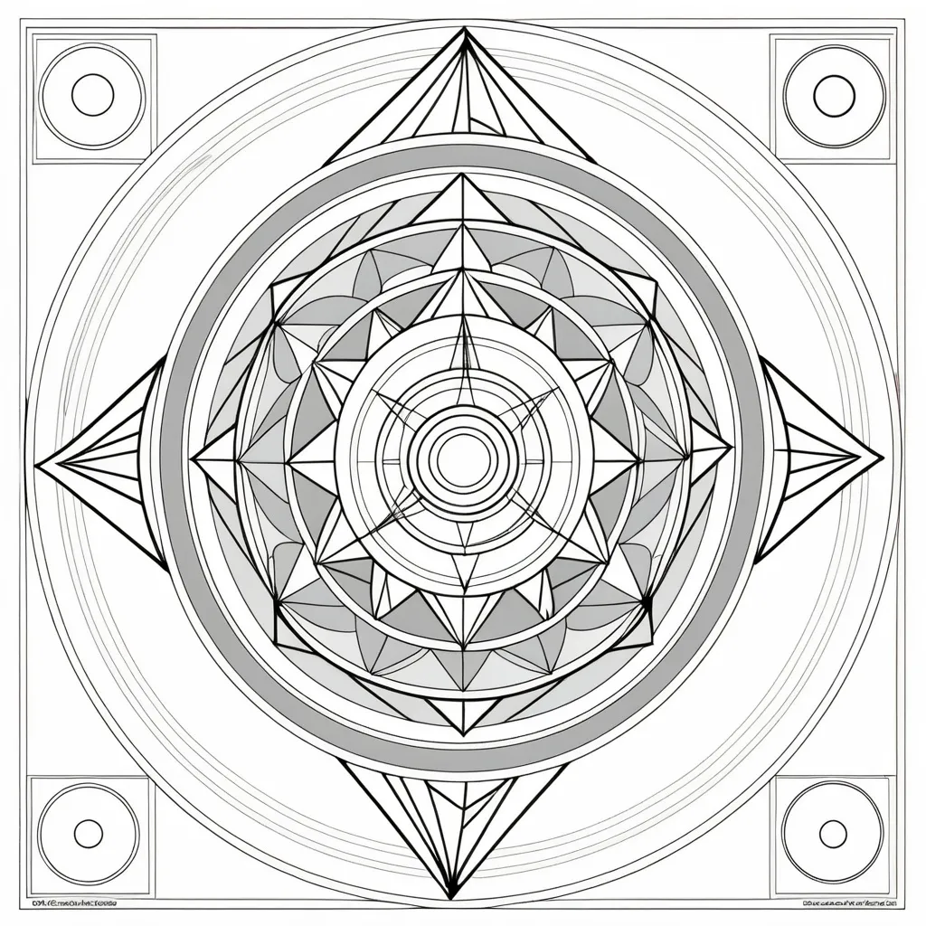 Prompt: No faces . Just sacred geometry shapes colouring pages . 12 month calender colouring book for adults. 12 different seasonal scared geometry colouring pictures. One colouring picture for each month . Each related to 
specific month of the calender.