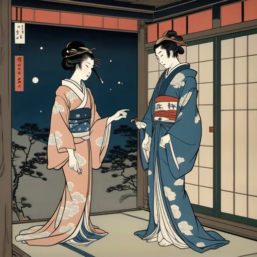 Prompt: Ukiyo-e japanese art of a japanese princess meeting her secret lover in the outside of her room at night. He is departing for war soon. She is beautiful and distressed for her lover's departure, he stares at her longingly, not knowing when they'll meet again. They embrace each other for one last time.