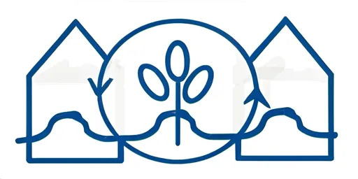 Prompt: Based on the uploaded file, please create a clean vector file. The logo contains on the left and right side a logo of a house. In the middle there is a circle with arrows, surrounding an icon of a plant. all elements are crossed from left to right by a wave. I would like you to keep the basic structure of the logo, but to flatten out the crooked lines and to change the colour to Hex #0A112E