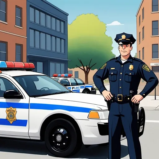 Prompt: Animated art, policeman next to police police car, cover of an magazine, blank backgroud 
