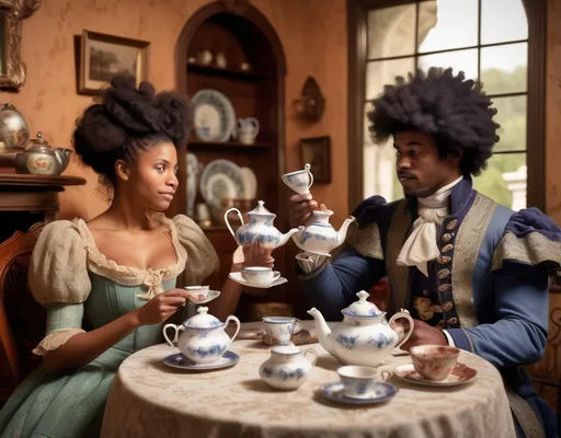 Prompt: (couple enjoying tea), Afro-Brazilian woman, (19th-century Victorian clothing), Portuguese man, cozy ambiance, surrounded by historic decor, (soft lighting), serene expression, vintage tea set, (detailed textures), warm colors, rustic Portuguese architecture in background, (highly detailed) scene from the past, (historical authenticity), inviting atmosphere, (ultra-detailed).