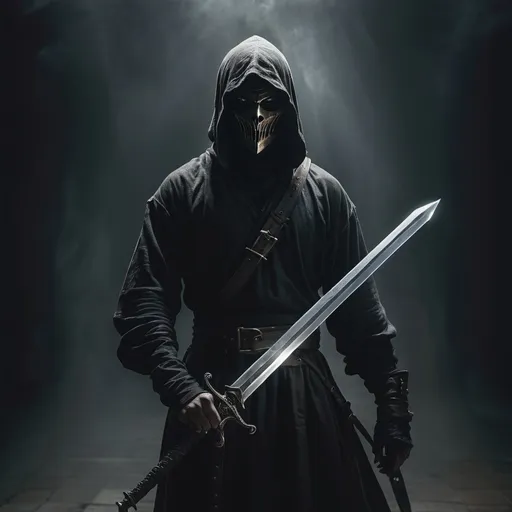 Prompt: a man holding a steel longsword surrounded by dark shadows. Wearing a dark cloath. His face is covered by a bronze mask. 
in the background there is a small dark demon and dark mist. Add a cap