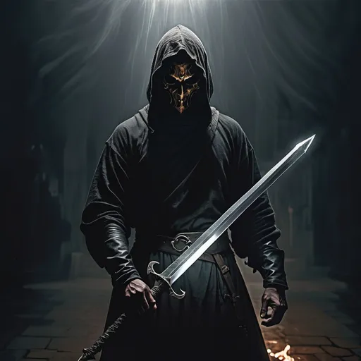 Prompt: a man holding a magic steel longsword surrounded by dark shadows. Wearing a dark cloath. His face is covered by an unexpresive bronze mask. 
in the background there is a small dark demon and dark mist. 
small devil in his shoulder