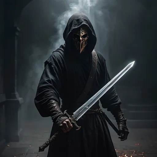 Prompt: a man holding a magic steel longsword surrounded by dark shadows. Wearing a dark cloath. His face is covered by an unexpresive bronze mask. 
in the background there is a small dark demon and dark mist. 
small devil in his shoulder