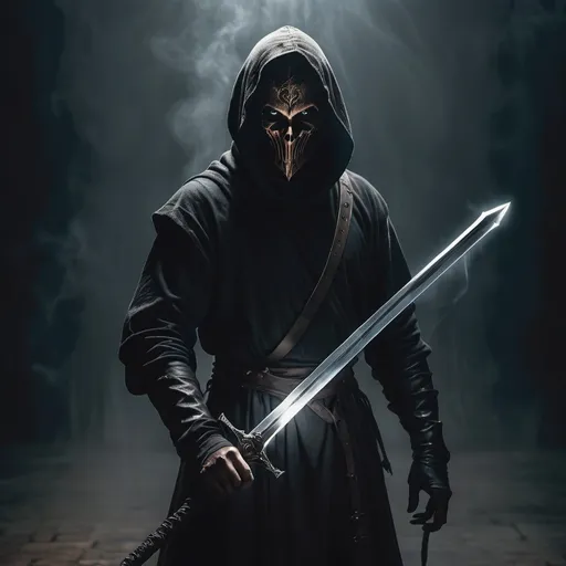 Prompt: a man holding a magic steel longsword surrounded by dark shadows. Wearing a dark cloath. His face is covered by an unexpresive bronze mask. 
in the background there is a small dark demon and dark mist. 
small devil in his shoulder