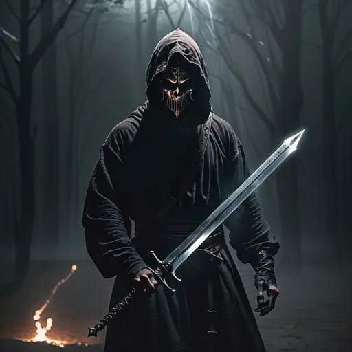 Prompt: a man holding a magic steel longsword surrounded by dark shadows. Wearing a dark cloath. His face is covered by an unexpresive bronze mask. 
in the background there is a small dark demon and dark mist. 
small devil in his shoulder