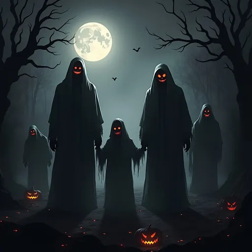 Prompt: scary family of ghosts , dark, scary, holloween, poster