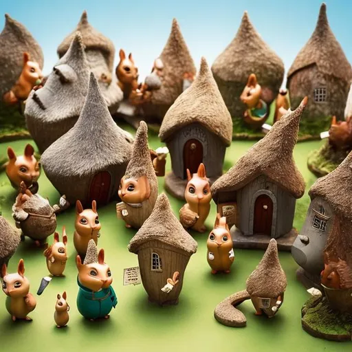 Prompt: A village of anthropomorphic squirrels with shops and houses