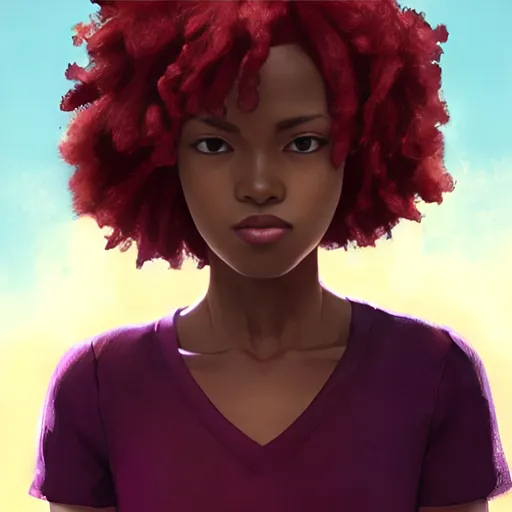 Prompt: Closeup face portrait of a {beautiful african american woman wearing a burgundy t- shirt}, smooth soft skin, big dreamy eyes, beautiful long wavy intricate burgundy colored hair, symmetrical, anime wide eyes, soft lighting, detailed face, by makoto shinkai, stanley artgerm lau, wlop, rossdraws, concept art, digital painting, looking into camera