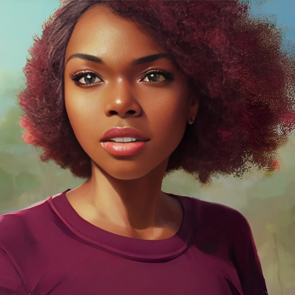 Prompt: Closeup face portrait of a {beautiful african american woman wearing a burgundy t- shirt}, smooth soft skin, big dreamy eyes, beautiful long wavy intricate burgundy colored hair, symmetrical, anime wide eyes, soft lighting, detailed face, by makoto shinkai, stanley artgerm lau, wlop, rossdraws, concept art, digital painting, looking into camera