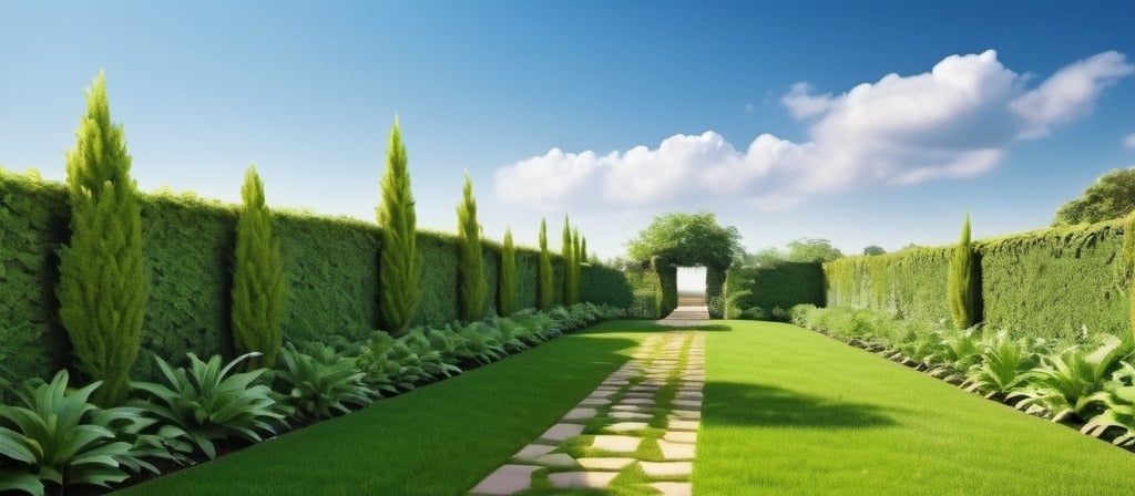 Prompt: Perspective path with lush plant walls, vibrant greenery, serene garden setting, high quality, realistic, detailed foliage, immersive perspective, peaceful ambiance, soft natural lighting, garden pathway, vibrant plant walls, serene atmosphere