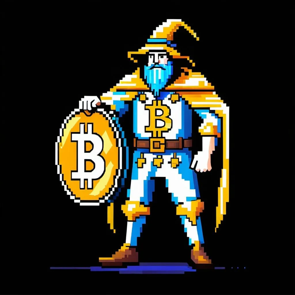 Prompt: pixelated bitcoin wizard