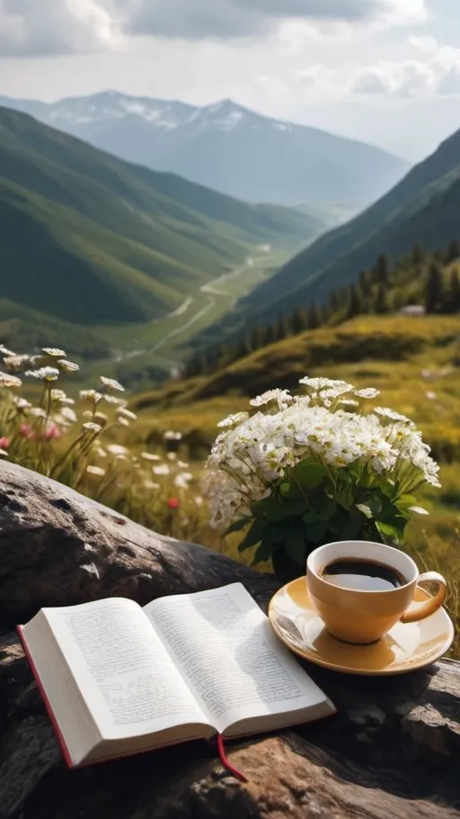 Prompt: Hight in the mountain, with person reading a book and a cup of coffee near. Coding with a view, in nature embrace, creativity flowers.