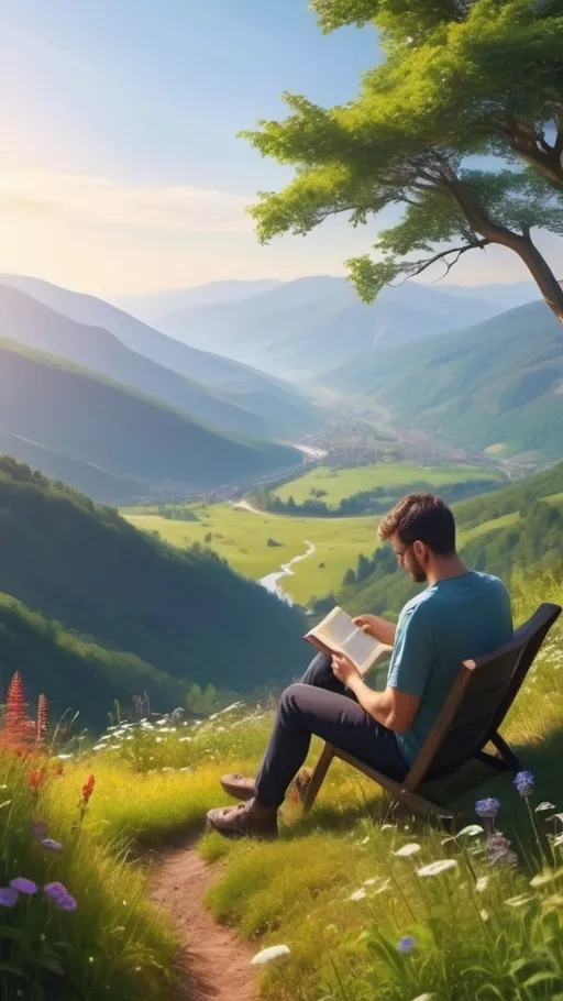 Prompt: Hight in the mountain, with person reading a book and a cup of coffee near. Coding with a view, in nature embrace, creativity flowers.