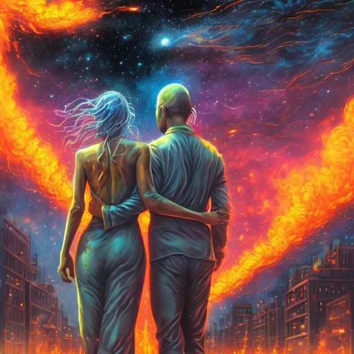 Prompt: Man and woman rising from city life, cars, office papers, stressful images, into flames, ascending towards stars, high quality, detailed, surreal, vibrant colors, abstract, symbolic, ethereal lighting, ascending figures, celestial stars, powerful imagery, dreamlike, ascending energy, vibrant flames, dynamic composition