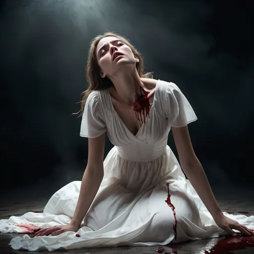 Prompt: Sad woman in white dress, fallen on the ground, bleeding from her heart, reaching towards the sky, dark mood, intense emotion, realistic, highres, detailed, emotional, somber, dramatic lighting, flowing white dress, tear-streaked face, atmospheric, emotional storytelling