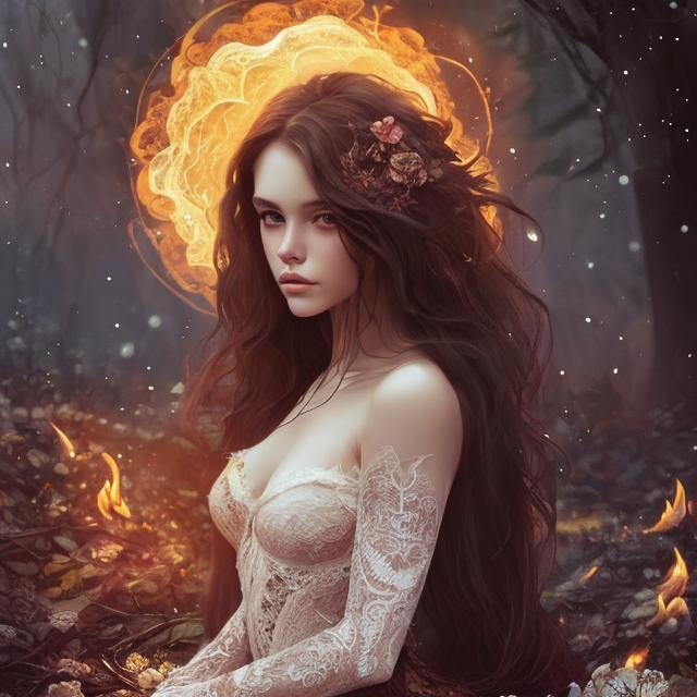 Prompt: beautiful lady with long brown hair, white lace dress, showing skin, sitting on ground, night scenery, stars, fire, touching fire, holding flames, fantasy, realistic, colorful, album cover, detailed hair, magical, ethereal lighting, high quality, vivid colors, fantasy art