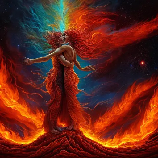 Prompt: Man and woman rising from ashes into flames, ascending towards stars, high quality, detailed, surreal, vibrant colors, fiery atmosphere, abstract, symbolic, ethereal lighting, ascending figures, celestial stars, powerful imagery, dreamlike, ascending energy, vibrant flames, dynamic composition