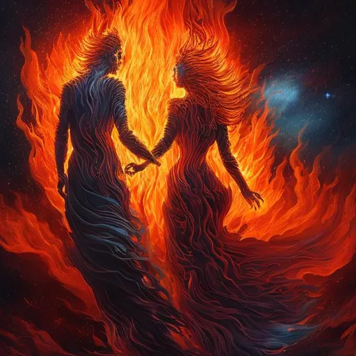 Man and woman rising from ashes into flames, ascendi...