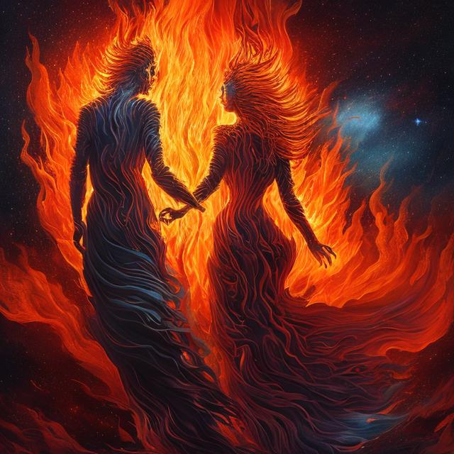 Man and woman rising from ashes into flames, ascendi... | OpenArt
