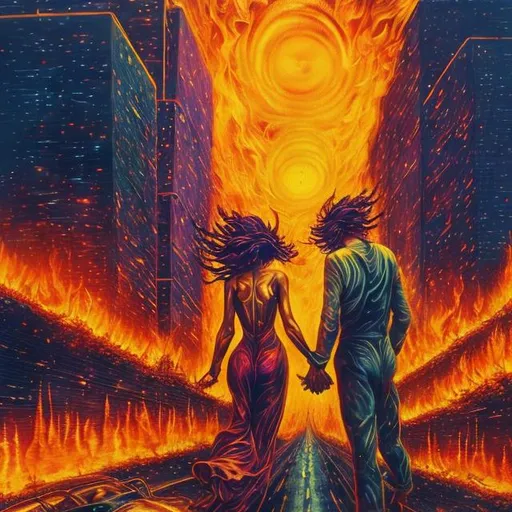 Prompt: Man and woman rising from city life, cars, office papers, stressful images, into flames, ascending towards stars, high quality, detailed, surreal, vibrant colors, abstract, symbolic, ethereal lighting, ascending figures, celestial stars, powerful imagery, dreamlike, ascending energy, vibrant flames, dynamic composition