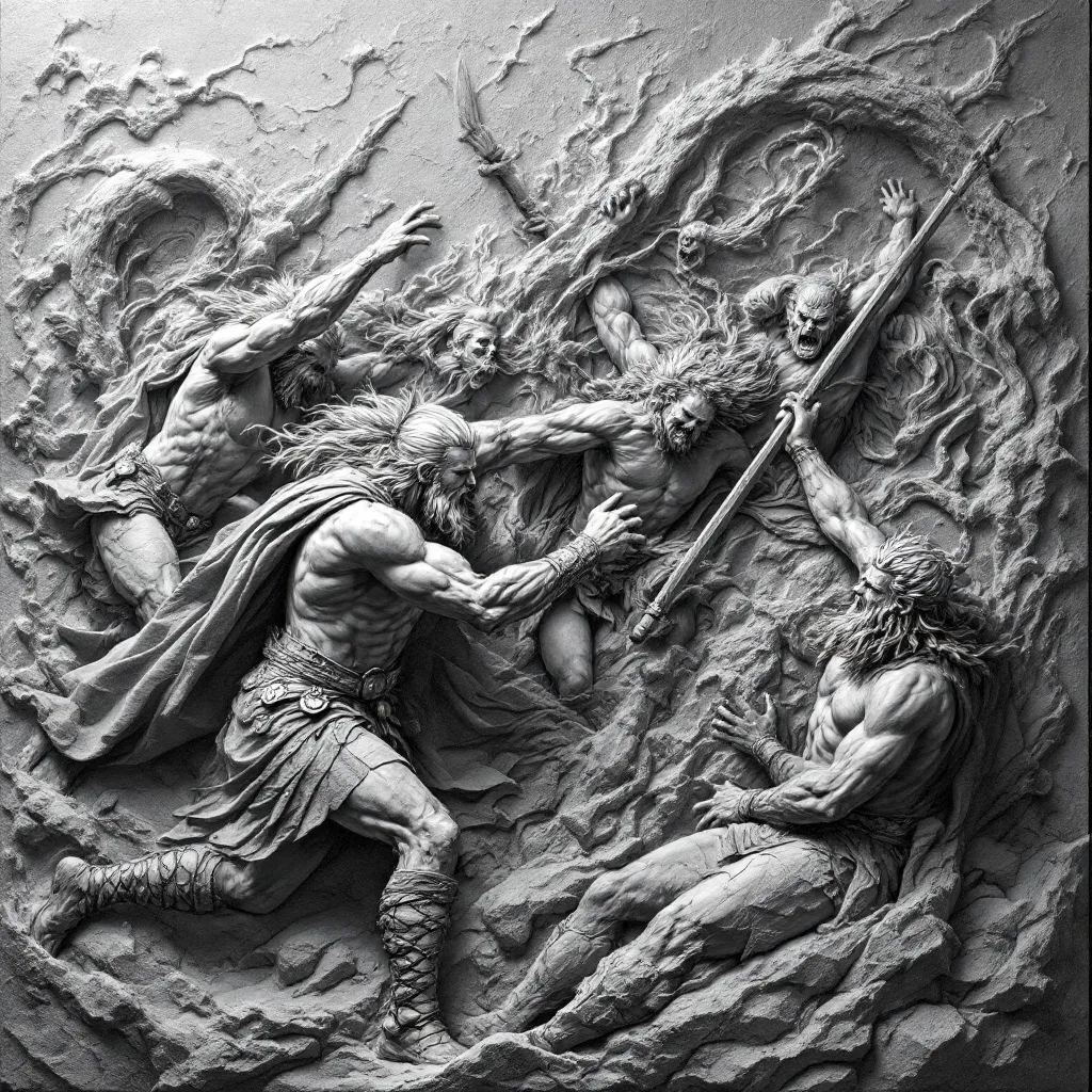 Prompt: A frameless greyscale BAS relief of
 "Thor's Fight with the Giants (Swedish: Tors strid med jättarna) is an 1872 painting by the Swedish artist Mårten Eskil Winge" as inspiration
. use the highest possible contrast with deep detail, extremely balance lighting, very clear sharp contours and textures, should have strong shadows intense highlights to accent surfaces and different levels. ensuring no detail is obscured.