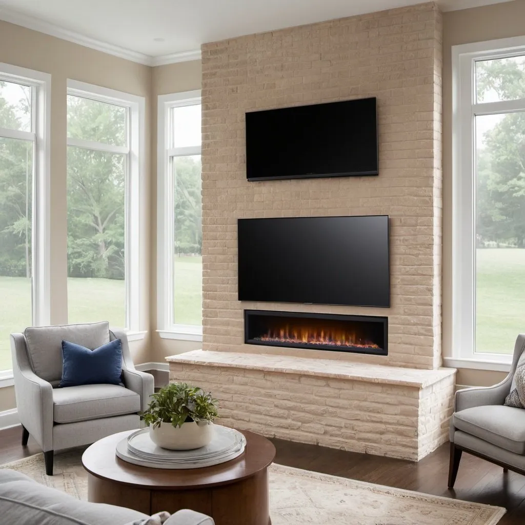 Prompt: Show an image of the Samsung Frame TV mounted above the light tan brick fireplace. On either side of the fireplace are two tall windows that are rounded at the top. 