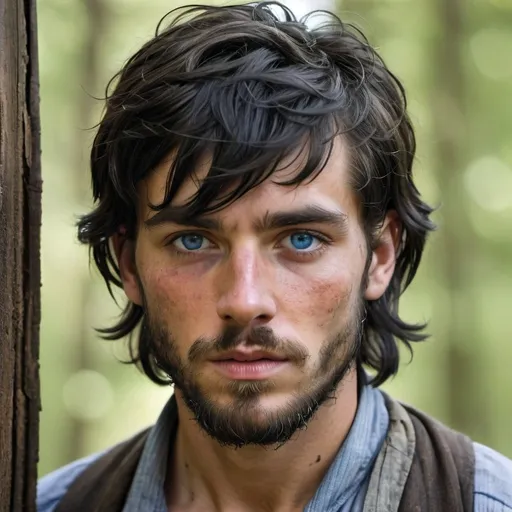 Prompt: Handsome but thin, 22-year-old with longish black hair and bangs, beard and intense blue eyes, bruises, convict, thin, escaped, injured, in woods,  big beard, escaping 1880's prison, tattered , ripped, old, dirty clothes, battle injury, future, rebels, war, refugee rebels, gritty, 