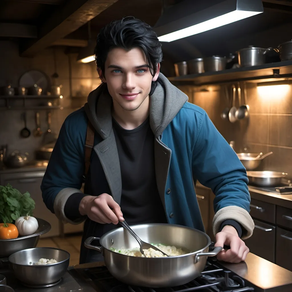 Prompt: handsome, black hair, blue-eyed young man, innocent face,  smiling, underground, cooking in the kitchen, intense atmosphere, dramatic  low  professional lighting, winter, post apocalyptic urban fantasy setting, dramatic lighting, intricate architectural details, high quality, realistic fantasy, urban setting, detailed expressions, dramatic lighting, 