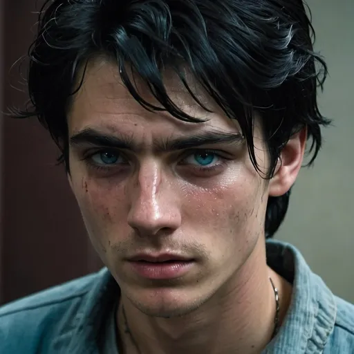 Prompt:  20 years old male, with black hair in face, good bone structure, young icy blue eyes,  Skinny, starved, thin. tears, young, crying,  young Rebels, scars, blisters, bruises. gritty, dark, painful, brow pinched, tattered shirt,  bruises, injury, grime, scars, blisters, bruises. gritty, dark, suffering, handsome dark hair, tears, sad, sorrow, brow pinched, consuming pain, weeping eyes, shackles, injury, Gritty, low light, intense, prison guards, cinematic light, post apocalypse, on floor, post apocalypse death camp prison, interrogation 

