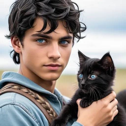 Prompt: handsome 18-year-old young man with  black hair  innocent icy blue eyes, sweet face, takes care of tiny newborn black kitten with a woman with sofia boutella-like face with brown eyes, her braided hair, post apocalypse summer  emotional, 